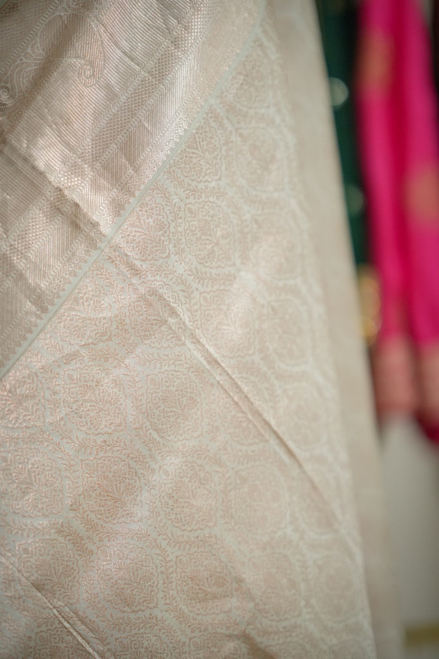 Chandrani: Pale Mint Handwoven Kanjeevaram Saree with Handwork on Blouse