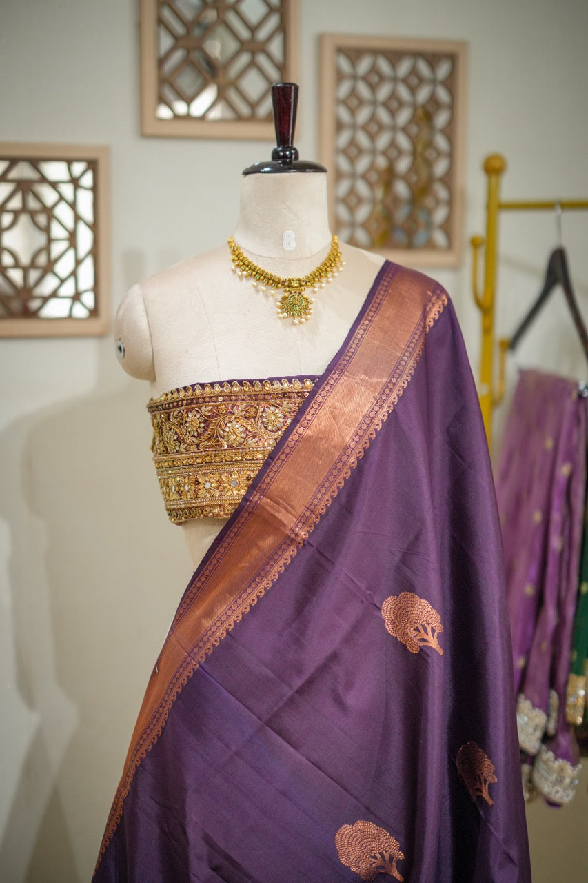 Bhavani: Purple Handwoven Kanjeevaram Saree with Handwork on Blouse