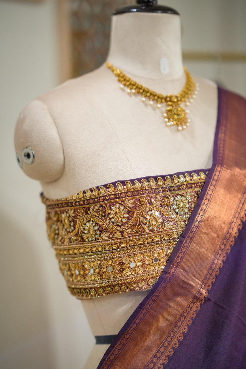 Bhavani: Purple Handwoven Kanjeevaram Saree with Handwork on Blouse