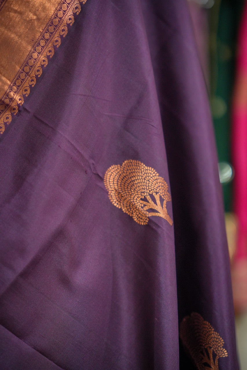 Bhavani: Purple Handwoven Kanjeevaram Saree with Handwork on Blouse