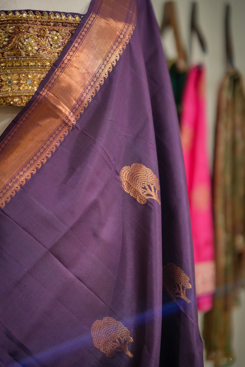 Bhavani: Purple Handwoven Kanjeevaram Saree with Handwork on Blouse