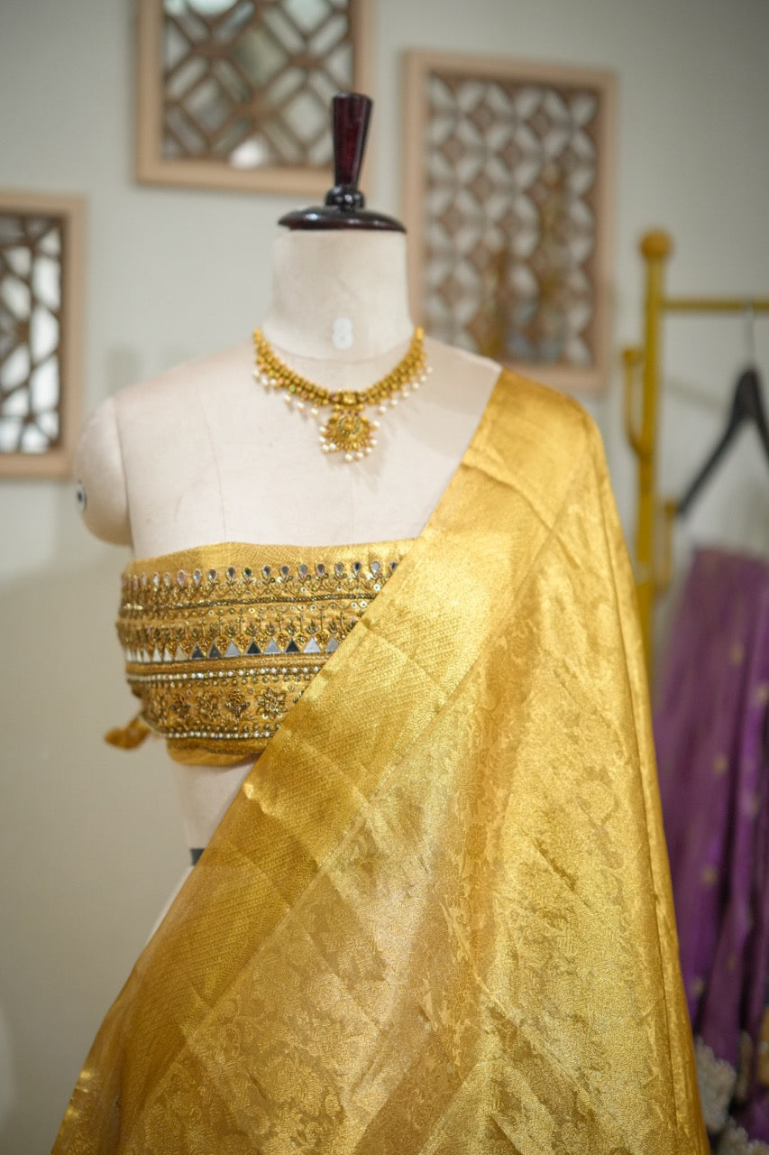 Rekha: Golden Pure Silk Handwoven Tissue Kanjeevaram Saree with Handwork on Blouse