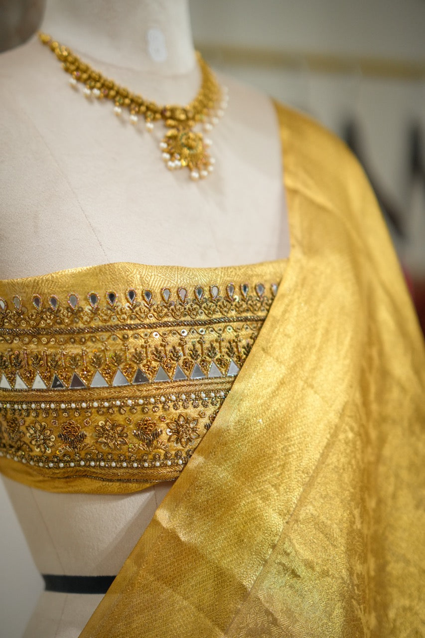 Rekha: Golden Pure Silk Handwoven Tissue Kanjeevaram Saree with Handwork on Blouse
