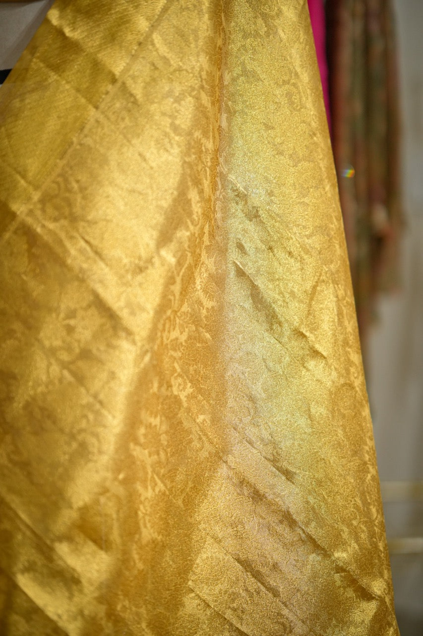Rekha: Golden Pure Silk Handwoven Tissue Kanjeevaram Saree with Handwork on Blouse