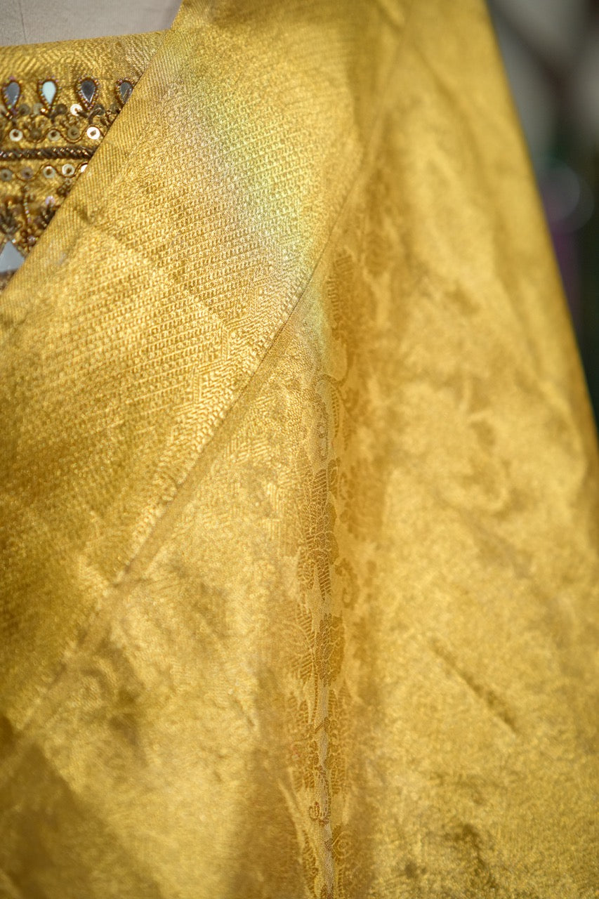 Rekha: Golden Pure Silk Handwoven Tissue Kanjeevaram Saree with Handwork on Blouse