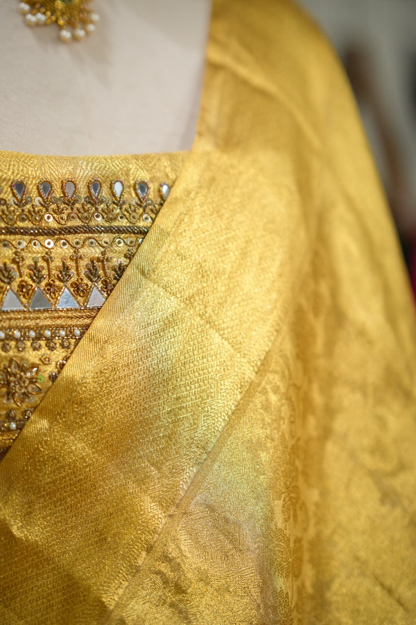 Rekha: Golden Pure Silk Handwoven Tissue Kanjeevaram Saree with Handwork on Blouse