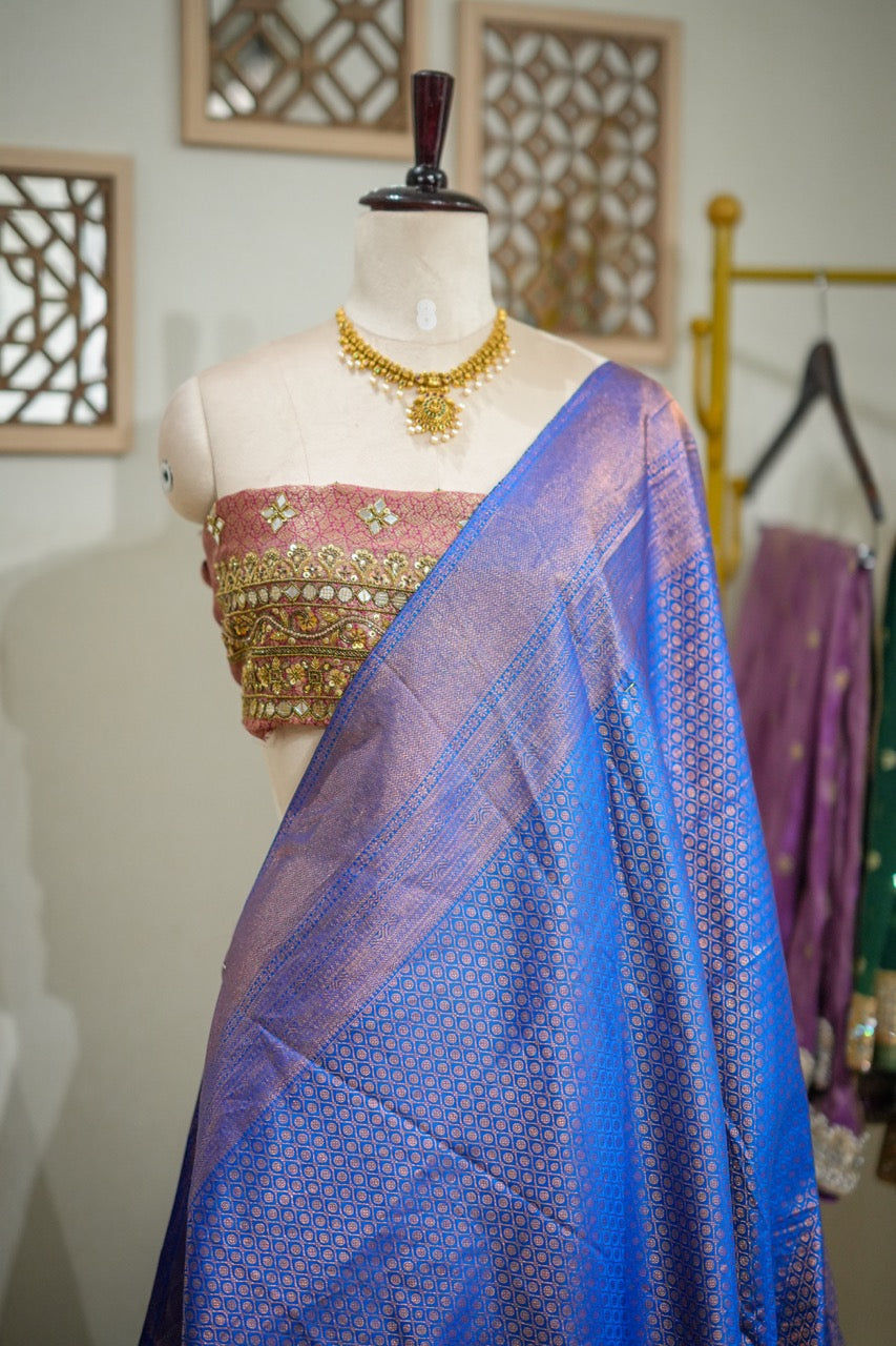 Ishaani: Blue Handwoven Pure Silk Tissue Kanjeevaram Saree with Handwork on Blouse