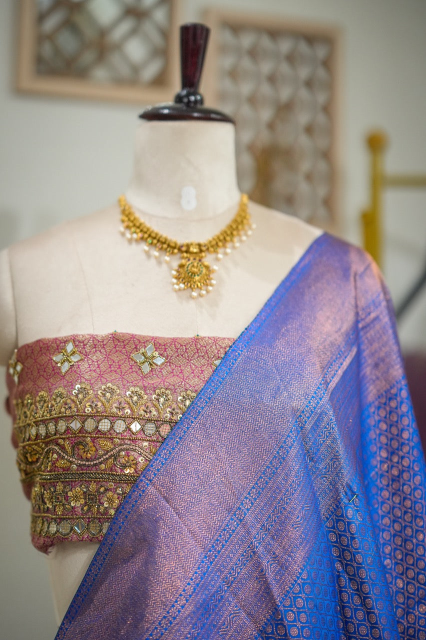 Ishaani: Blue Handwoven Pure Silk Tissue Kanjeevaram Saree with Handwork on Blouse