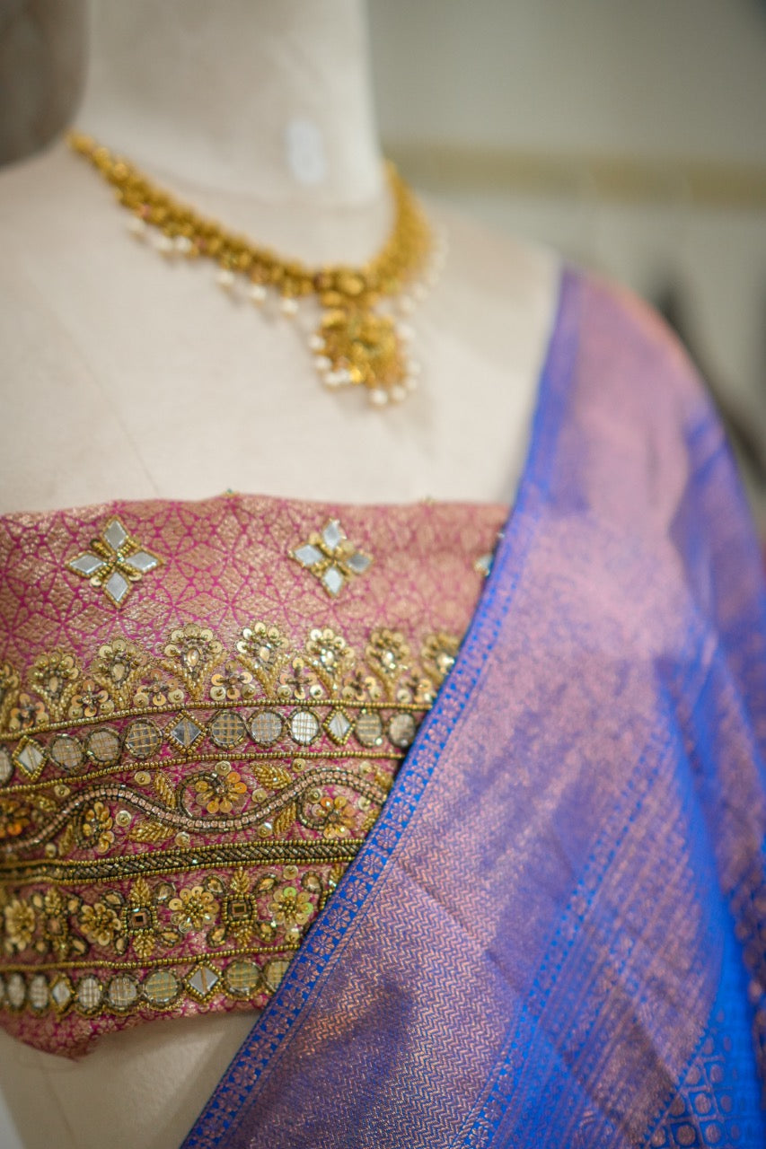 Ishaani: Blue Handwoven Pure Silk Tissue Kanjeevaram Saree with Handwork on Blouse