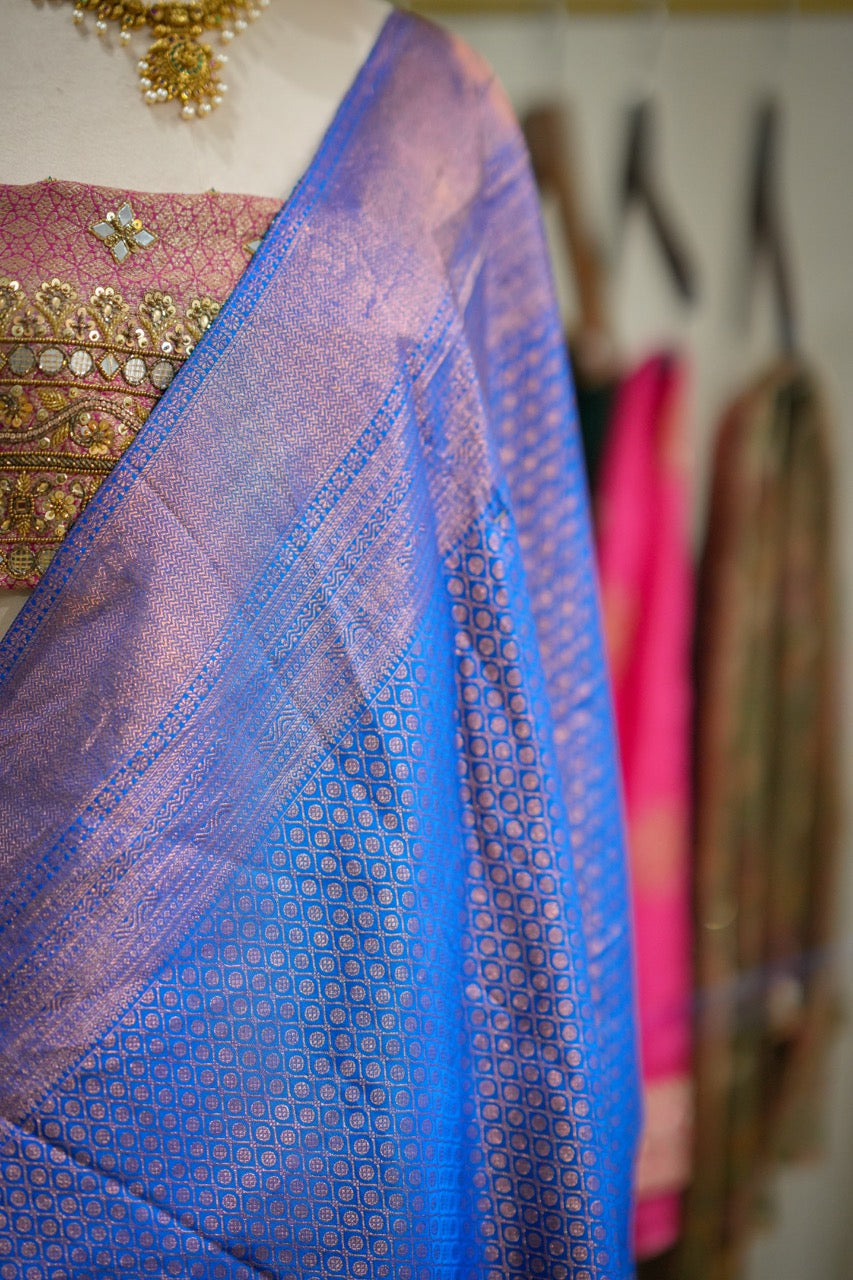 Ishaani: Blue Handwoven Pure Silk Tissue Kanjeevaram Saree with Handwork on Blouse
