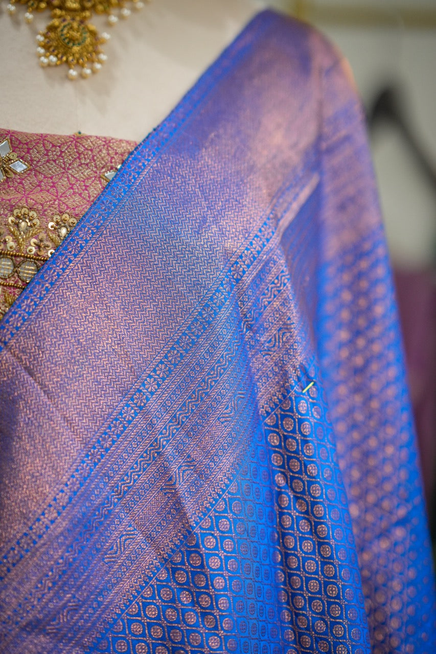 Ishaani: Blue Handwoven Pure Silk Tissue Kanjeevaram Saree with Handwork on Blouse