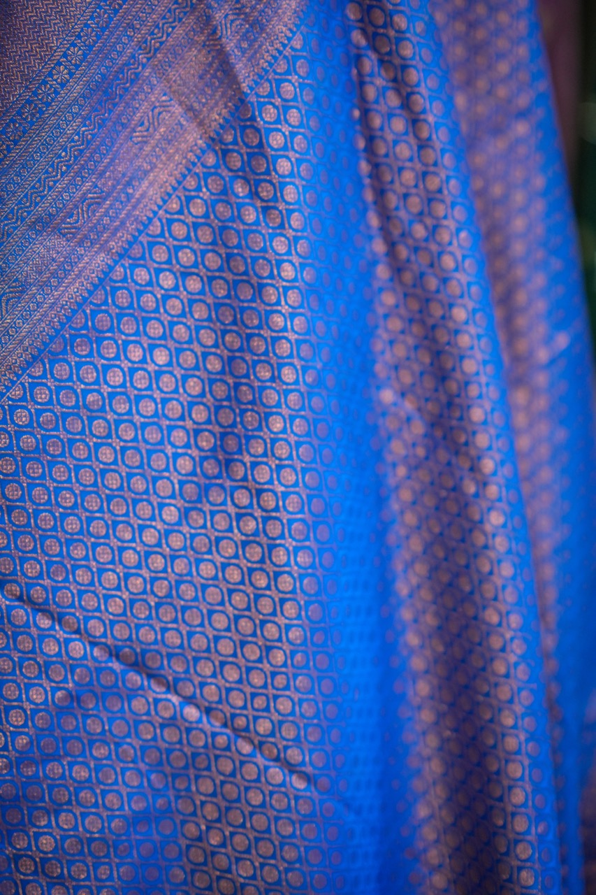 Ishaani: Blue Handwoven Pure Silk Tissue Kanjeevaram Saree with Handwork on Blouse