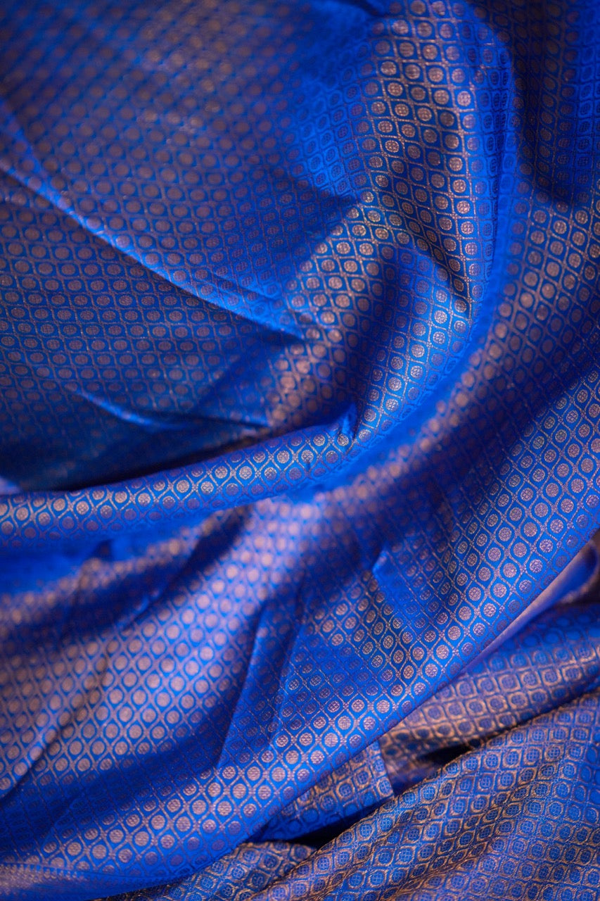 Ishaani: Blue Handwoven Pure Silk Tissue Kanjeevaram Saree with Handwork on Blouse