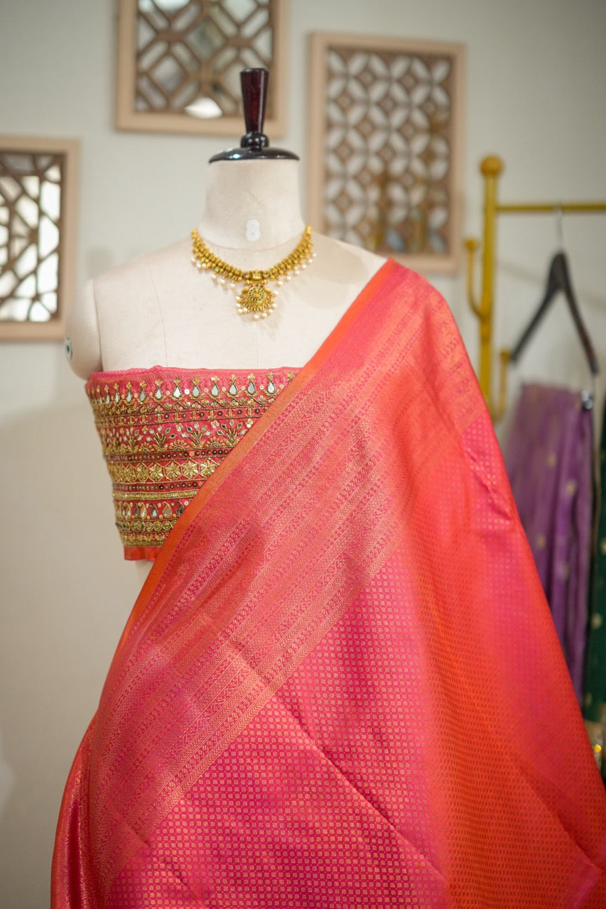 Kaveri: Pink Orange Dual Shade Handwoven Pure Silk Tissue Kanjeevaram Saree with Handwork on Blouse