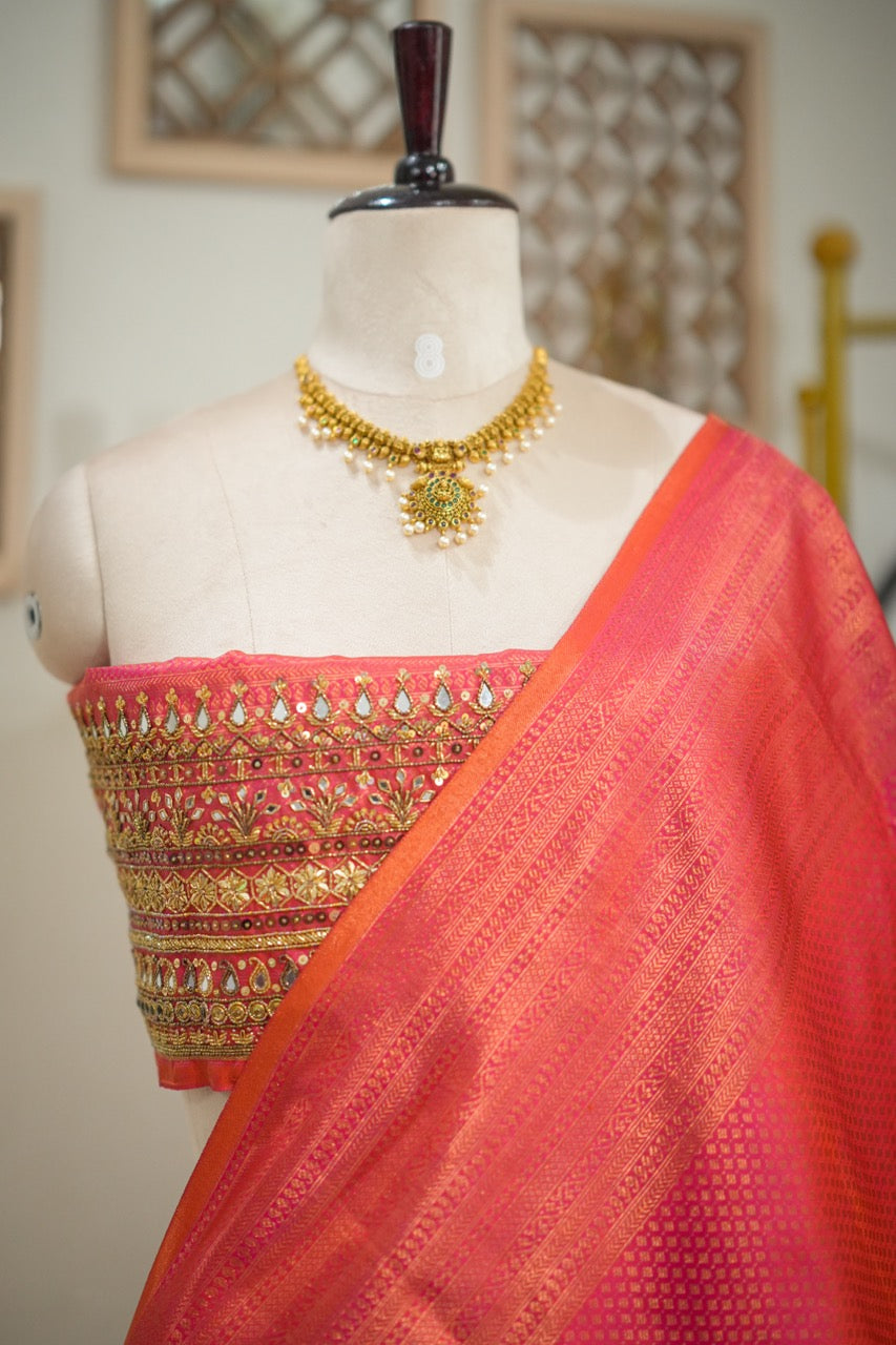 Kaveri: Pink Orange Dual Shade Handwoven Pure Silk Tissue Kanjeevaram Saree with Handwork on Blouse