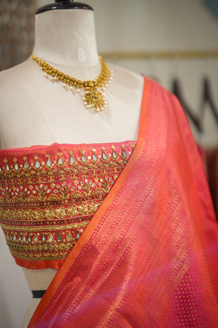 Kaveri: Pink Orange Dual Shade Handwoven Pure Silk Tissue Kanjeevaram Saree with Handwork on Blouse