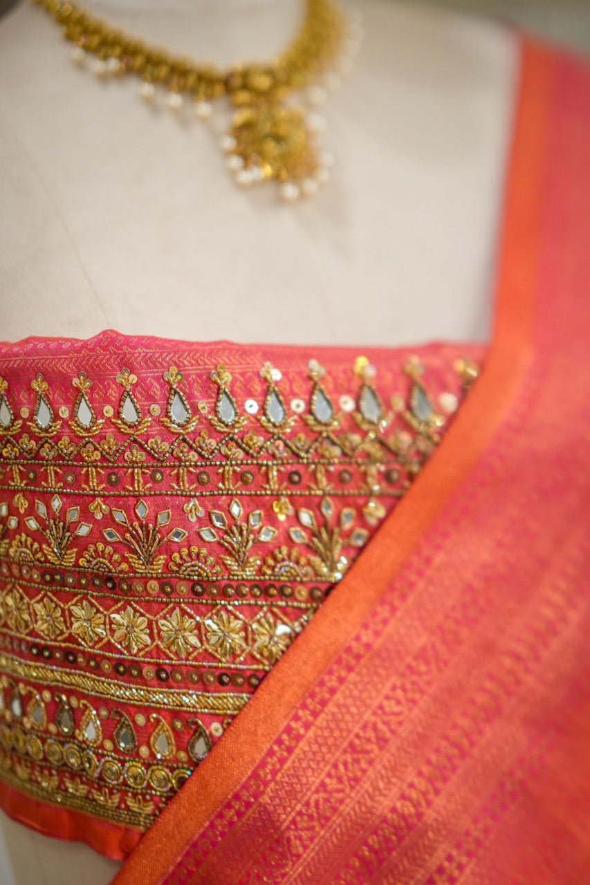 Kaveri: Pink Orange Dual Shade Handwoven Pure Silk Tissue Kanjeevaram Saree with Handwork on Blouse