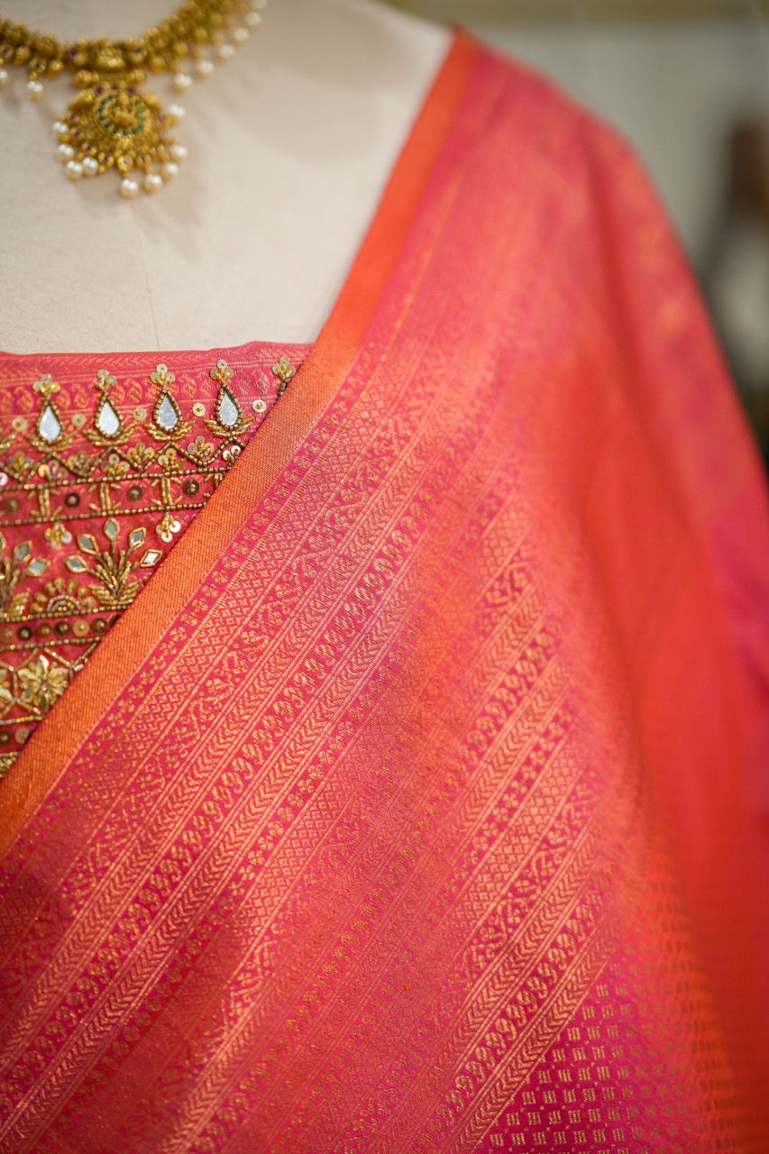 Kaveri: Pink Orange Dual Shade Handwoven Pure Silk Tissue Kanjeevaram Saree with Handwork on Blouse