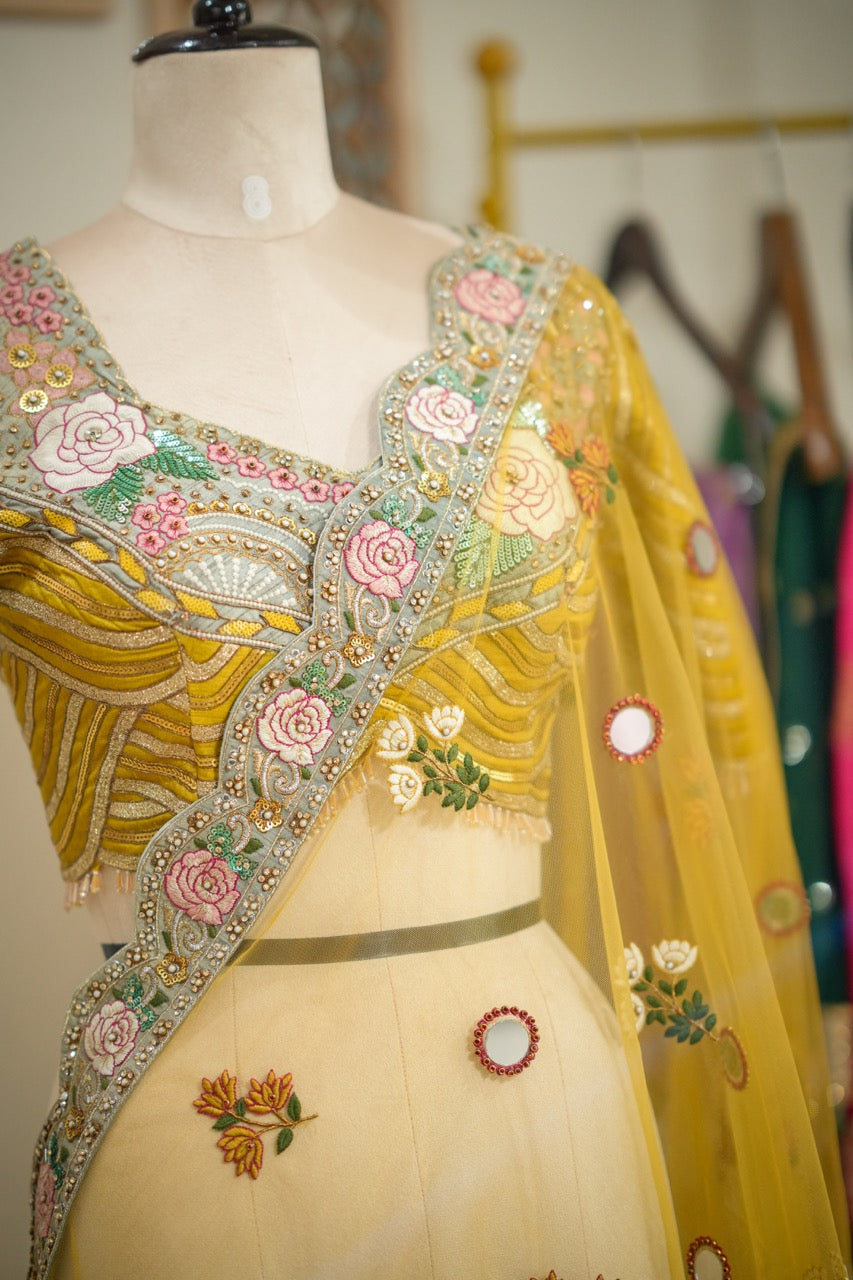 Savera : Yellow Luxury Handwork Soft Net Saree with self blouse