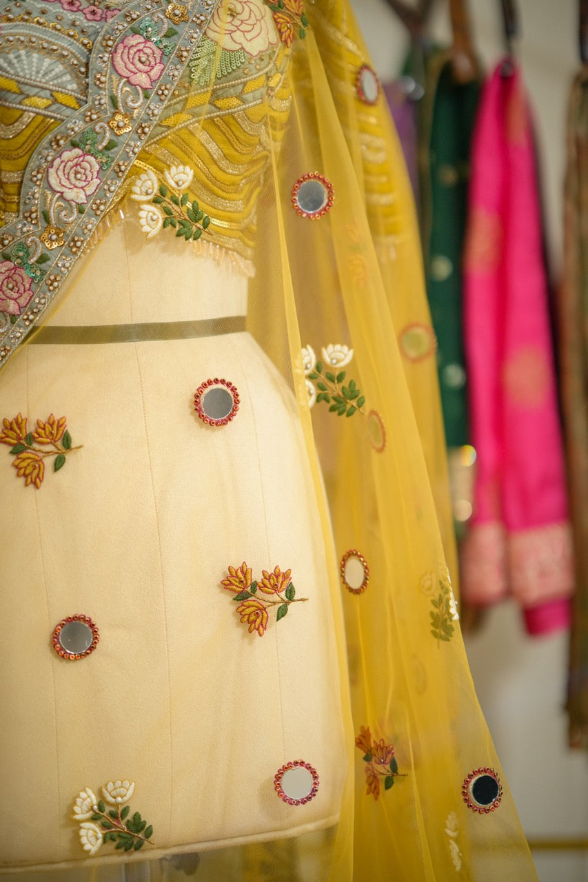 Savera : Yellow Luxury Handwork Soft Net Saree with self blouse