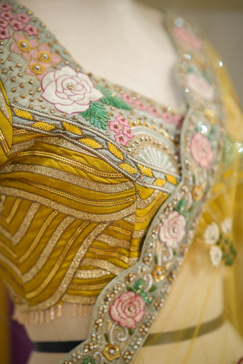 Savera : Yellow Luxury Handwork Soft Net Saree with self blouse
