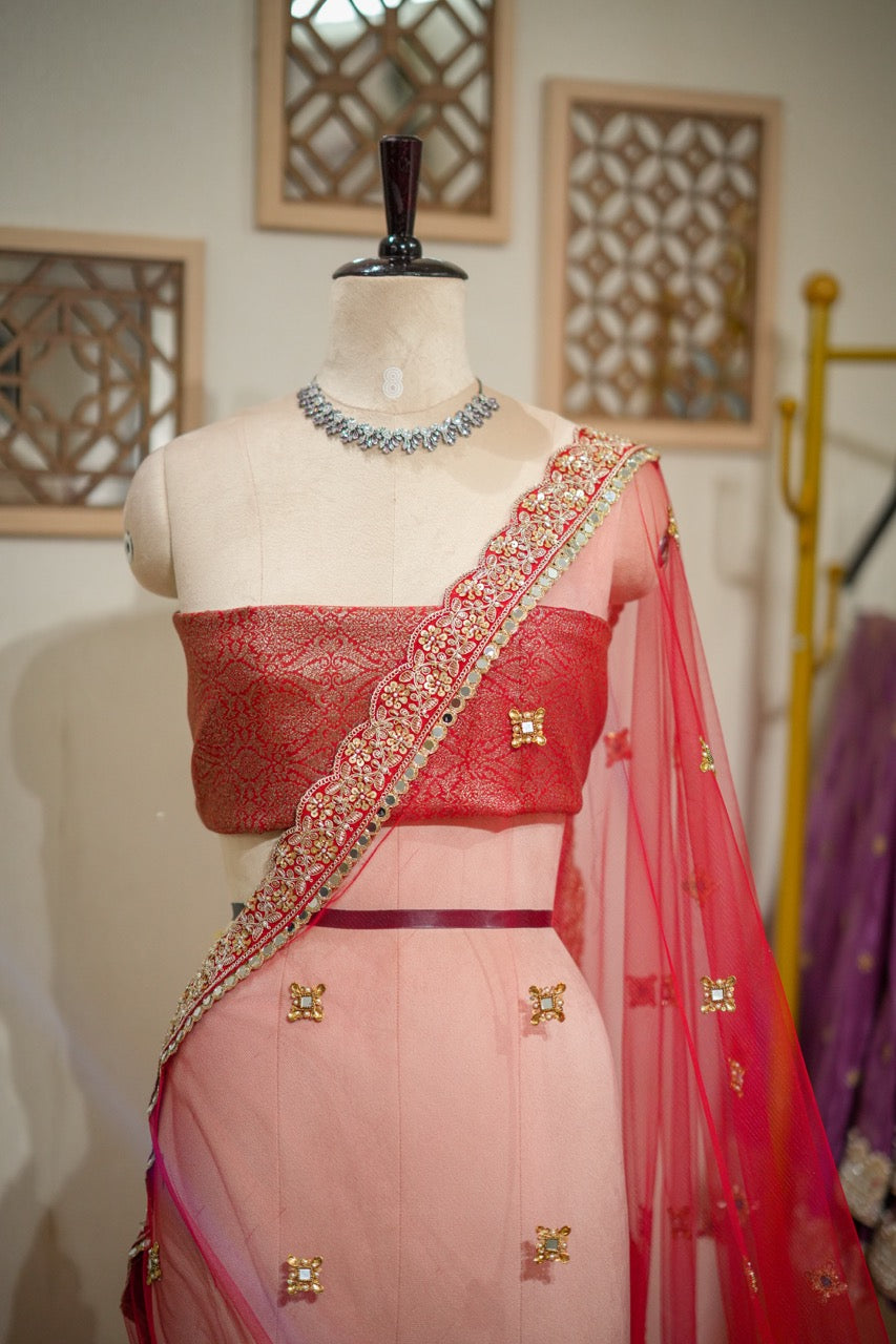 Salvias: Red SoftNet Saree with Handwork and Red Brocade Blouse