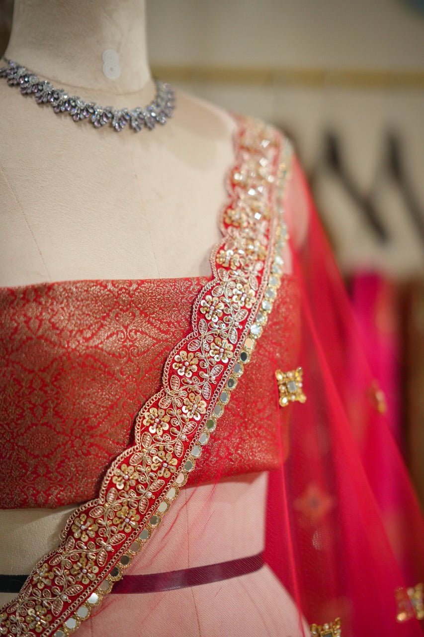 Salvias: Red SoftNet Saree with Handwork and Red Brocade Blouse