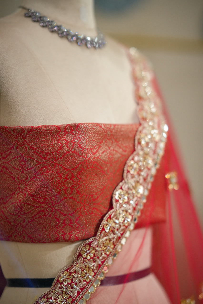 Salvias: Red SoftNet Saree with Handwork and Red Brocade Blouse