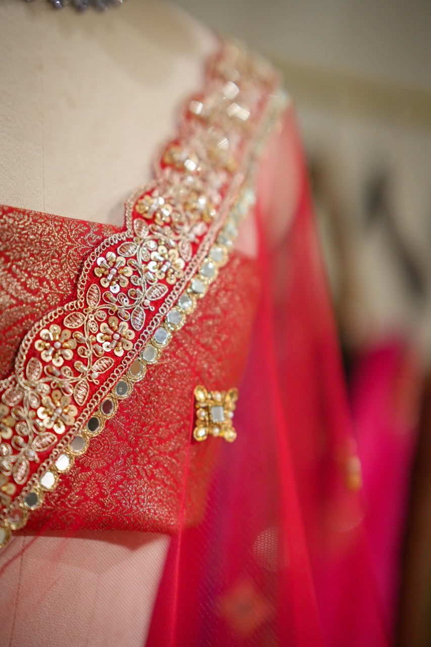 Salvias: Red SoftNet Saree with Handwork and Red Brocade Blouse