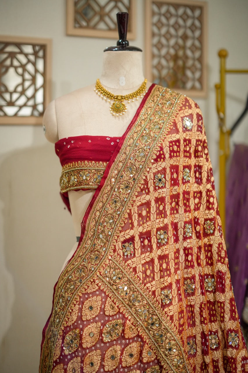 Ruhani: Maroon Pure Silk Handwoven Bandhani Saree with handwork