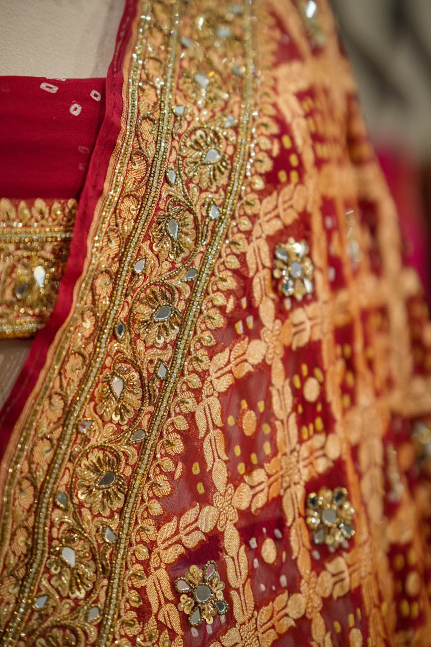 Ruhani: Maroon Pure Silk Handwoven Bandhani Saree with handwork