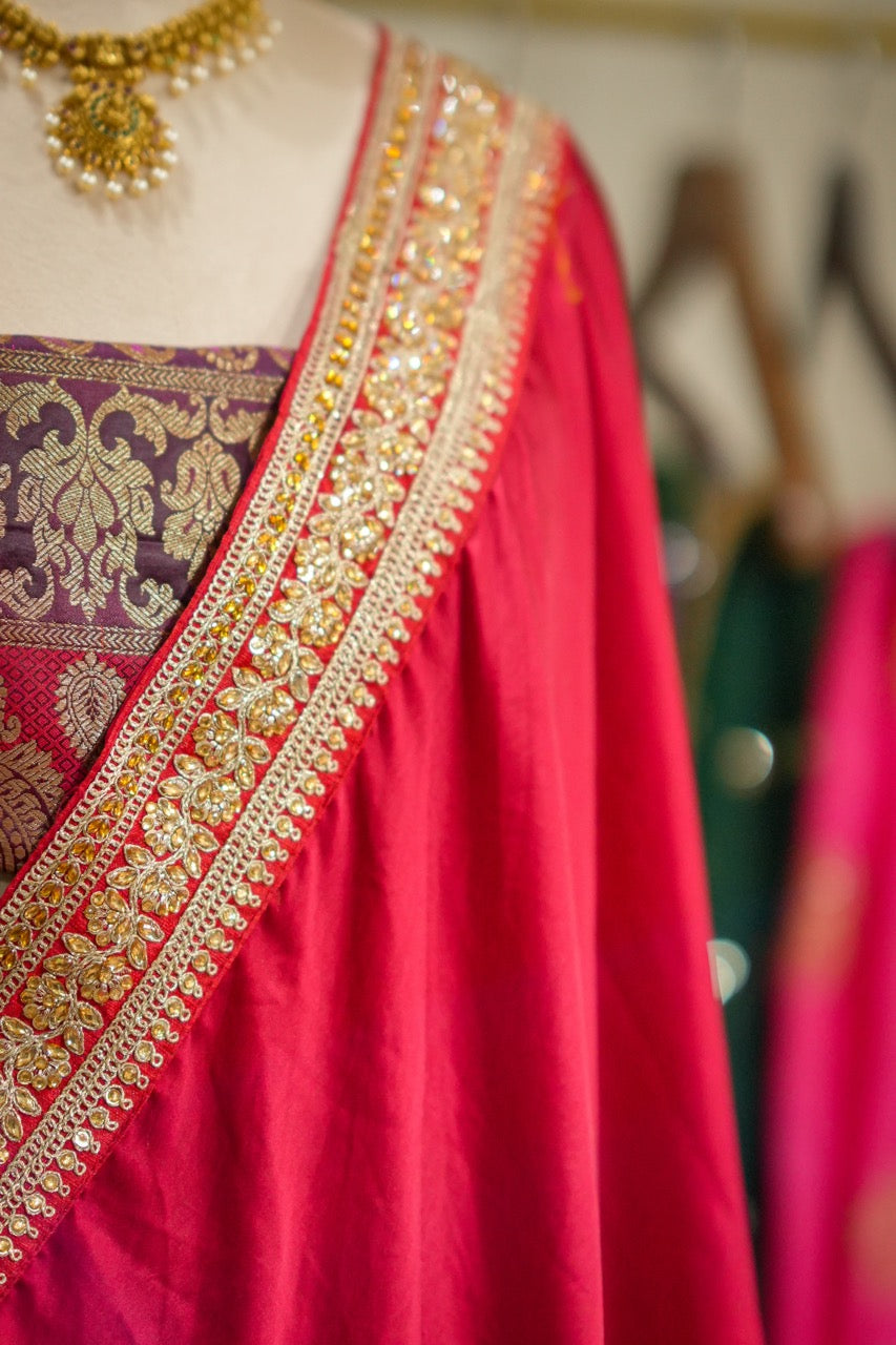 Red Lady: Red Pure Satin Saree with Brocade Blouse