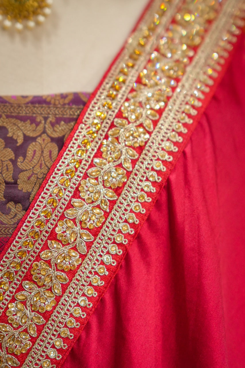 Red Lady: Red Pure Satin Saree with Brocade Blouse