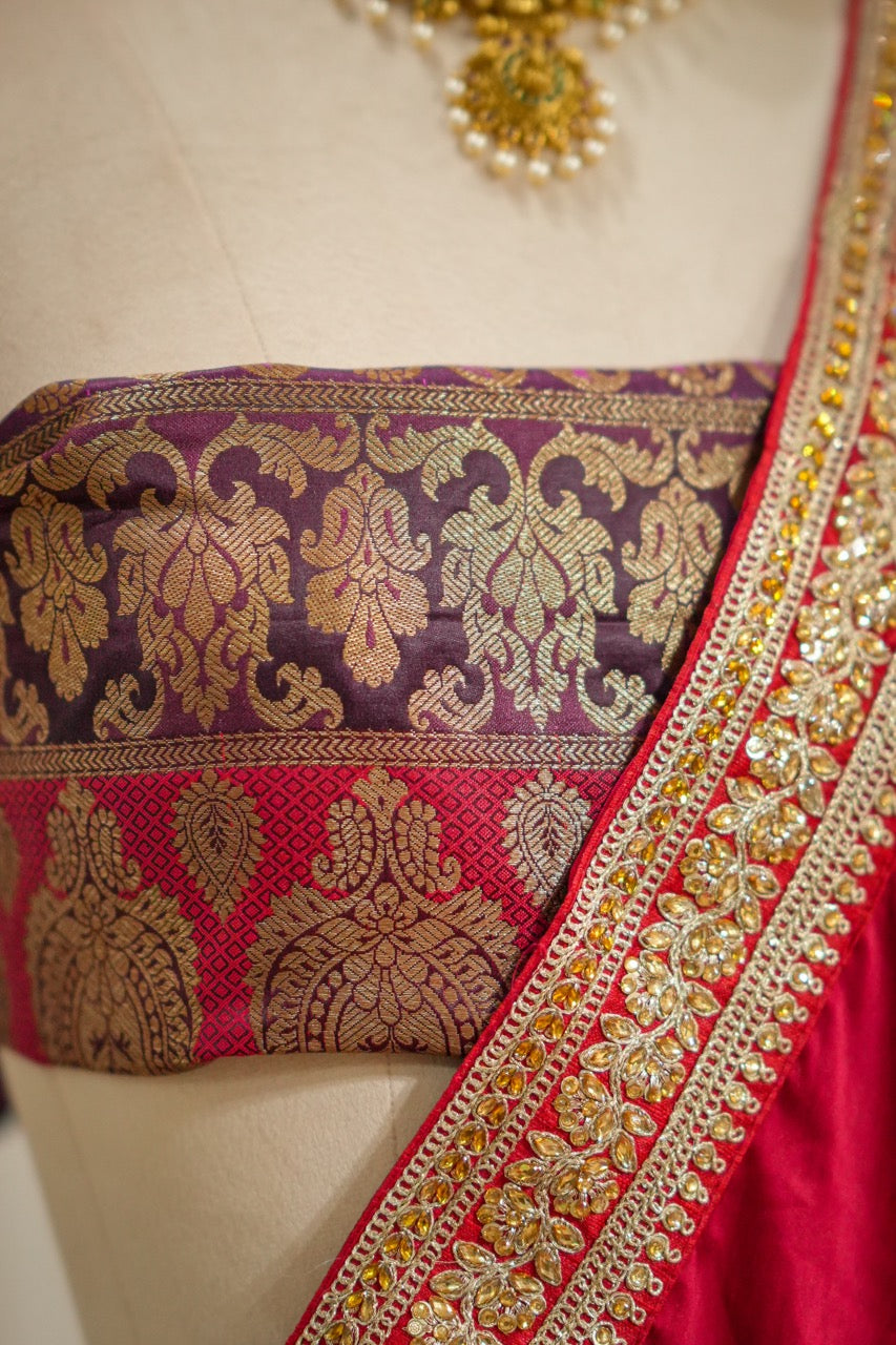 Red Lady: Red Pure Satin Saree with Brocade Blouse