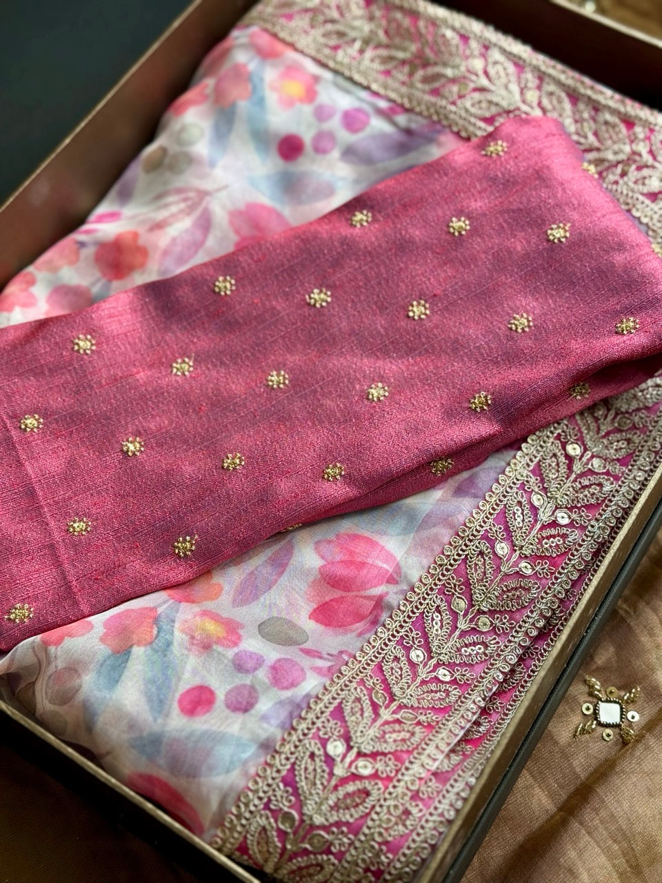 Noorina: White Floral Cleopatra Chiffon Saree with Onion Pink Raw Silk Blouse