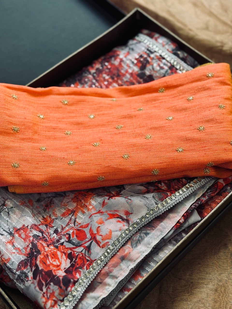 Anbar: Floral Georgette Saree with raw silk blouse
