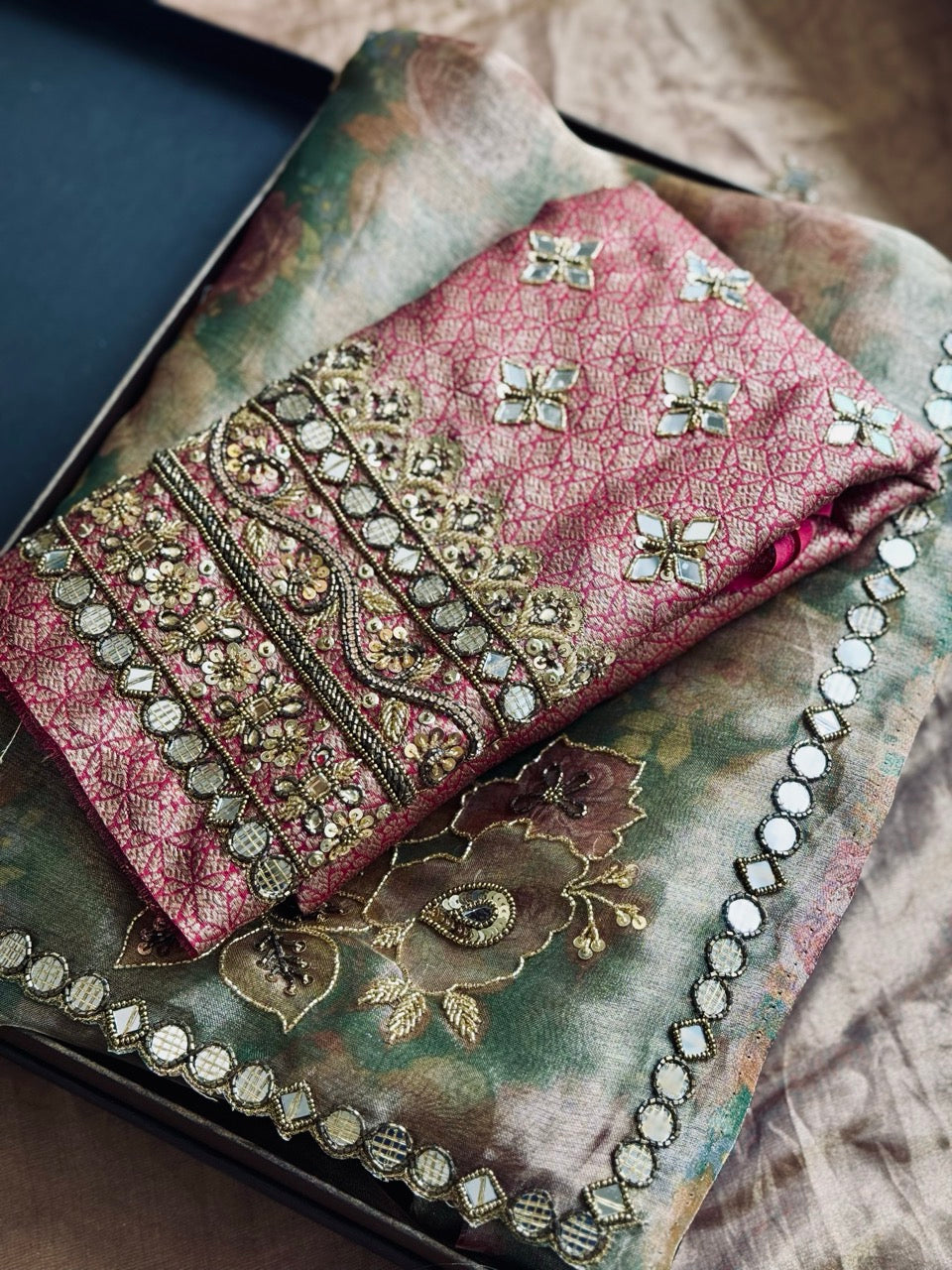 Shabnam: Pure Silk Tissue Organza with handwork paired with pure silk Handwoven brocade blouse with handwork