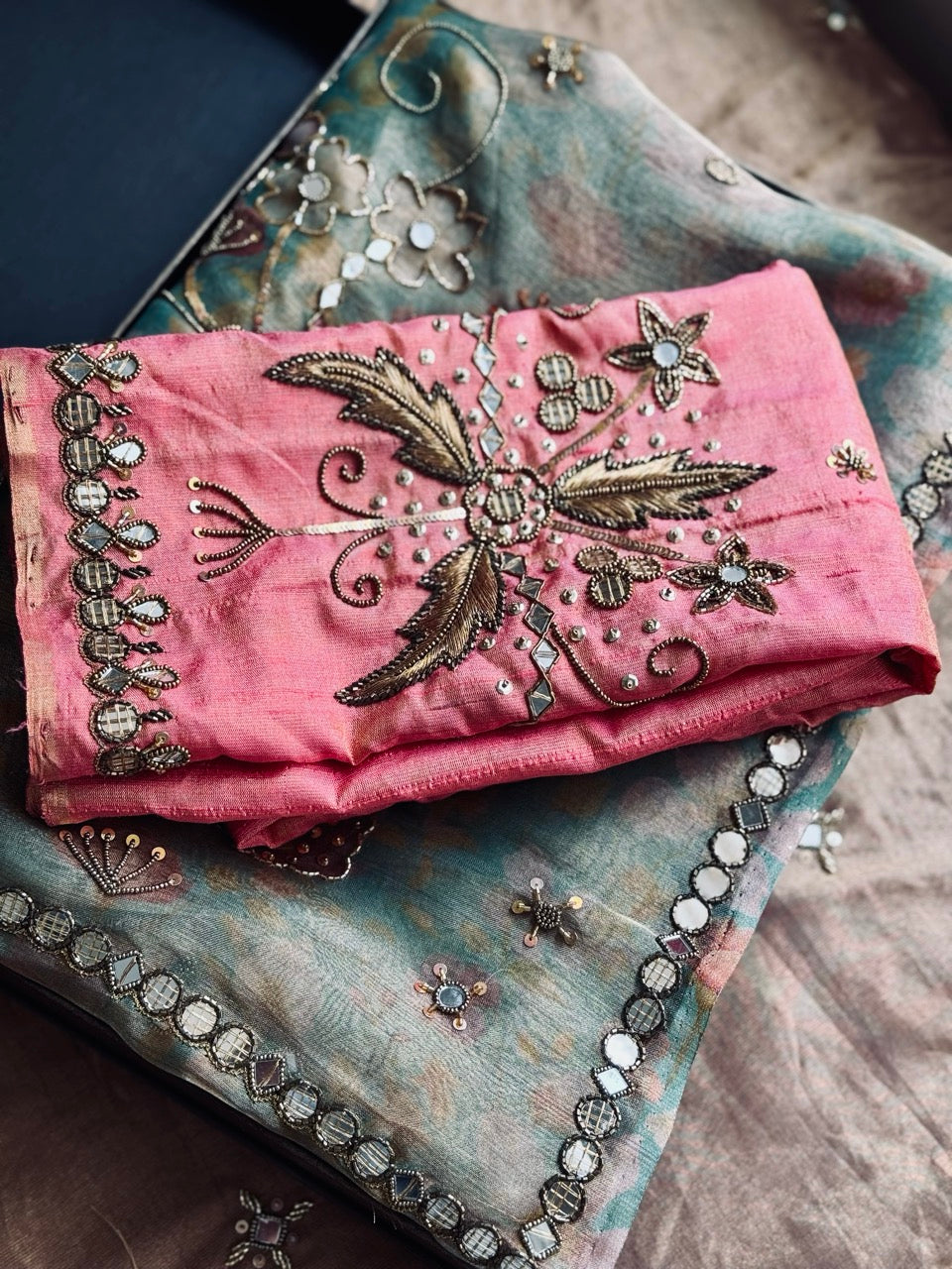 Nargis: Pure Silk Tissue Organza with handwork paired with Pure Raw Silk with handwork