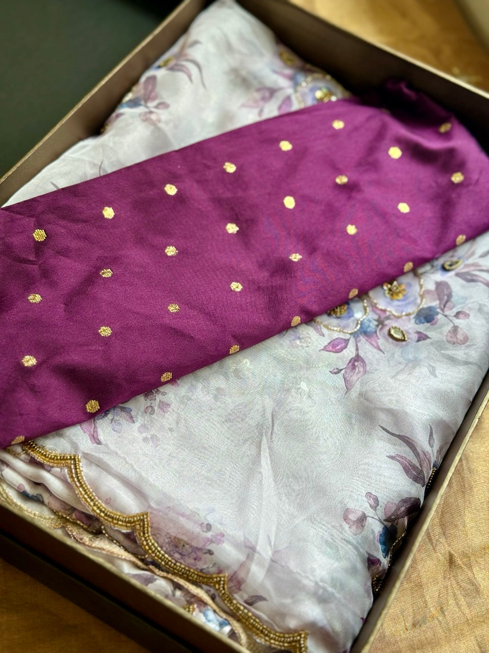 Nazneen: White Tissue Chiffon Saree with Handwork and Pink Brocade Blouse