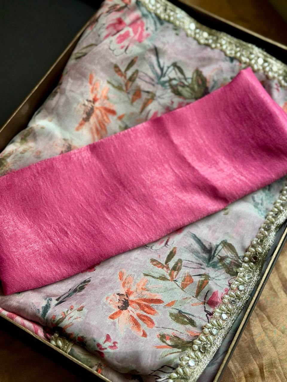 Nekhat: Floral Satin Saree with Premium Satin Blouse