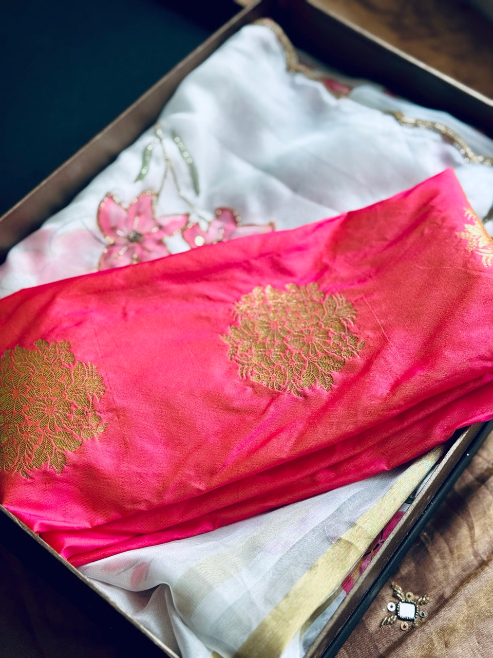 Labrez: White Tissue Chiffon Saree with Handwork and Pink Brocade Blouse