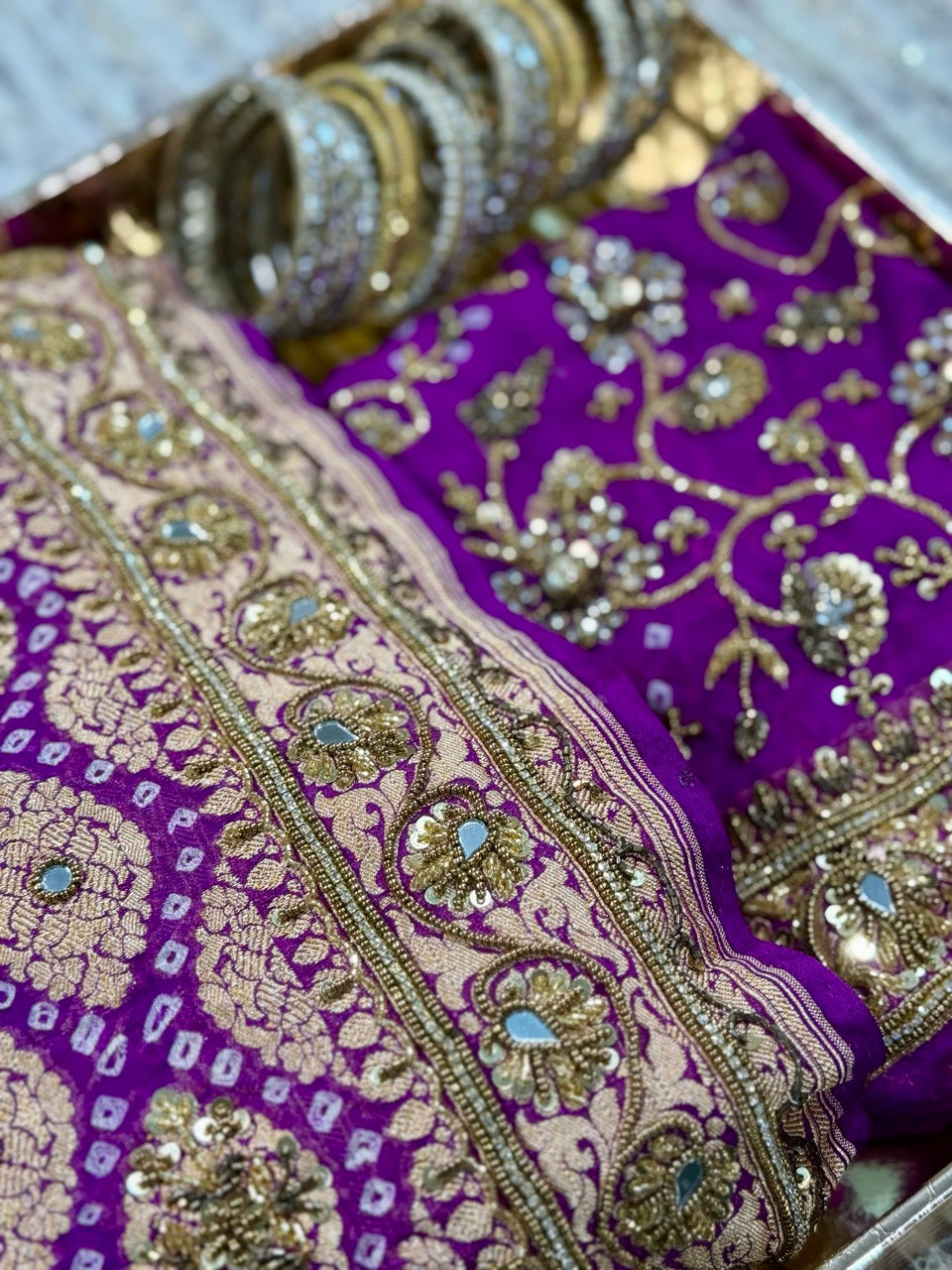 Mehak: Pure Silk Purple Handwoven Bandhni Saree with Handwork and Self Blouse