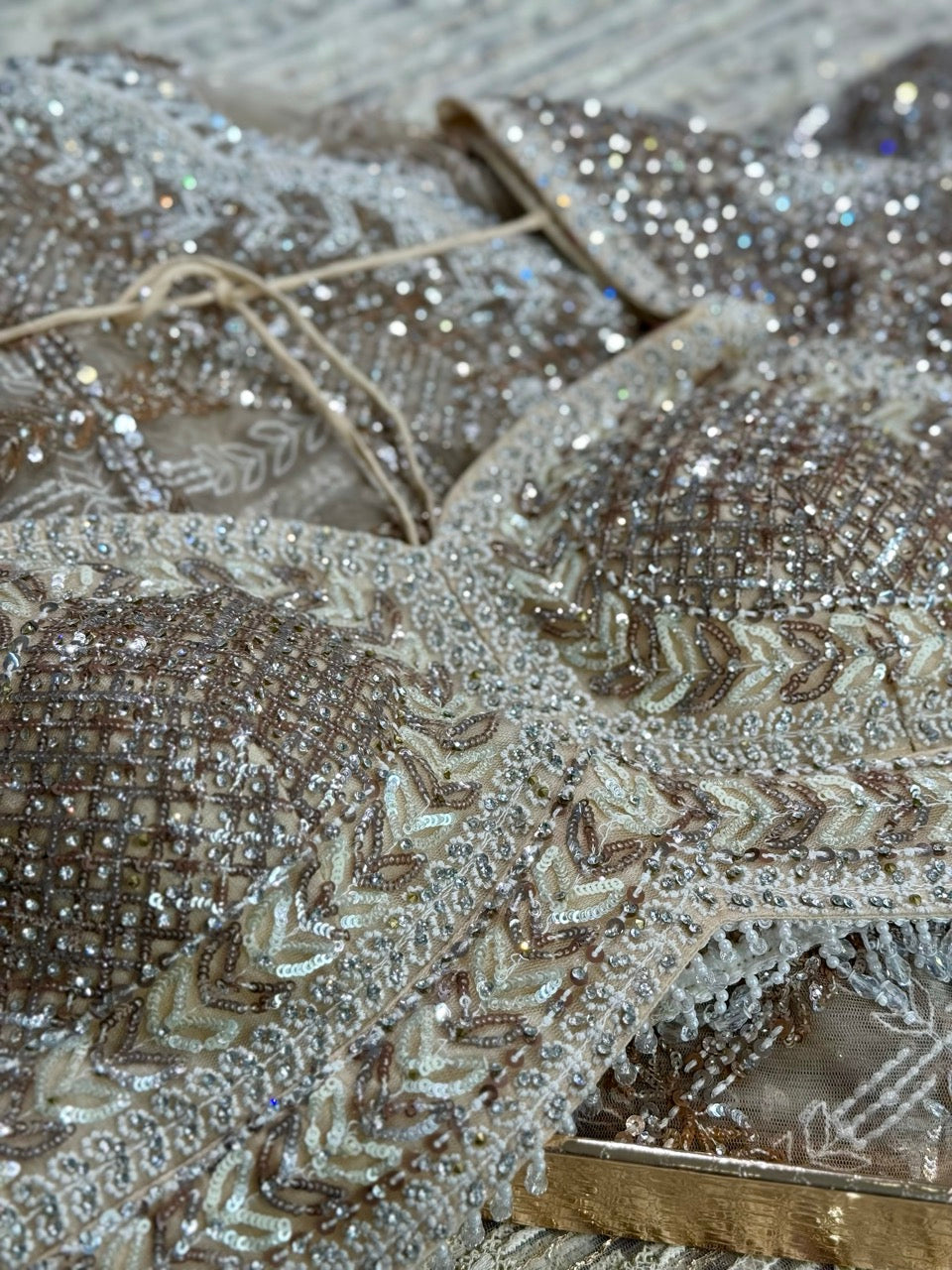 Champagne: Softnet Designer Saree with machine and handwork paired with self blouse