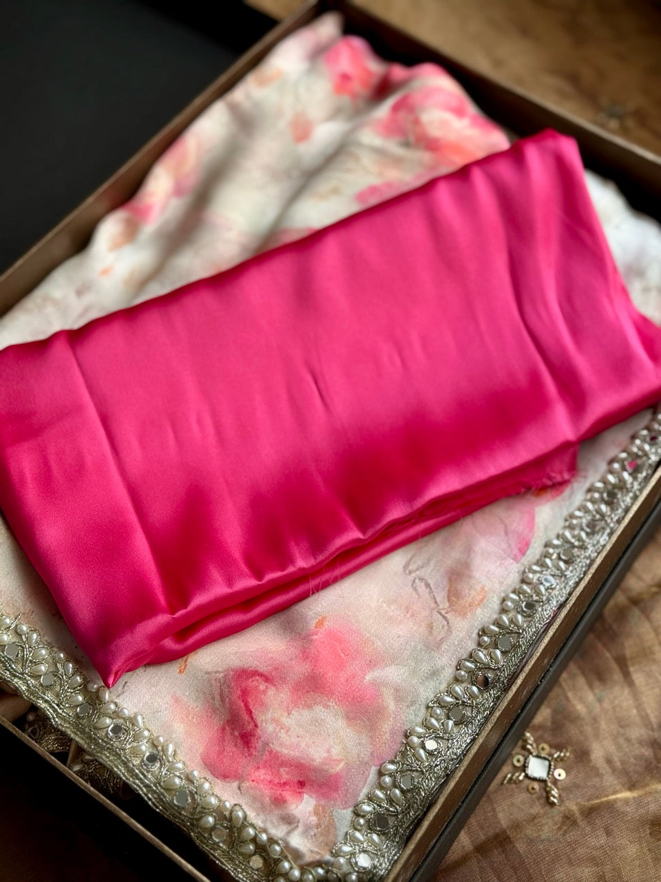 Mahtaab: Ivory Floral Print saree with premium satin blouse